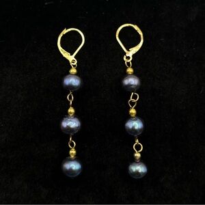 14K Gold Leverback Blue/Black Cultured Freshwater Pearl Dangle Earrings